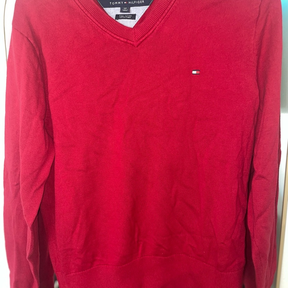 Tommy Hilfiger Red V-Neck Sweater Classic Knit